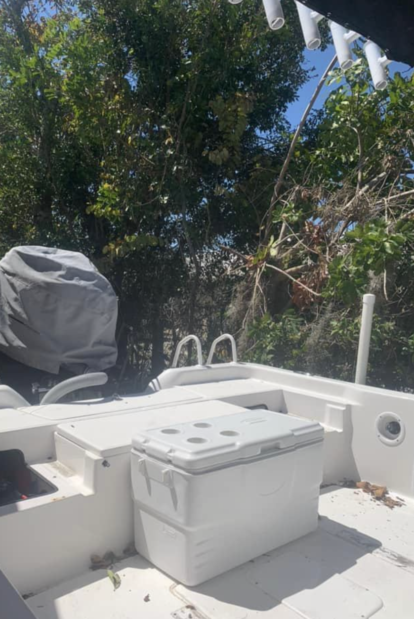 White cooler and storage containers on boat deck with trees and blue sky in background
