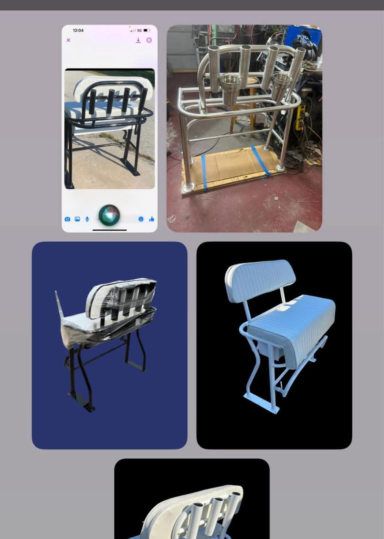 Collection of metal boat seats and chair frames in various stages of manufacturing and assembly