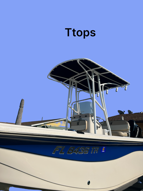 T-top boat canopy with gray frame and black fabric against blue sky